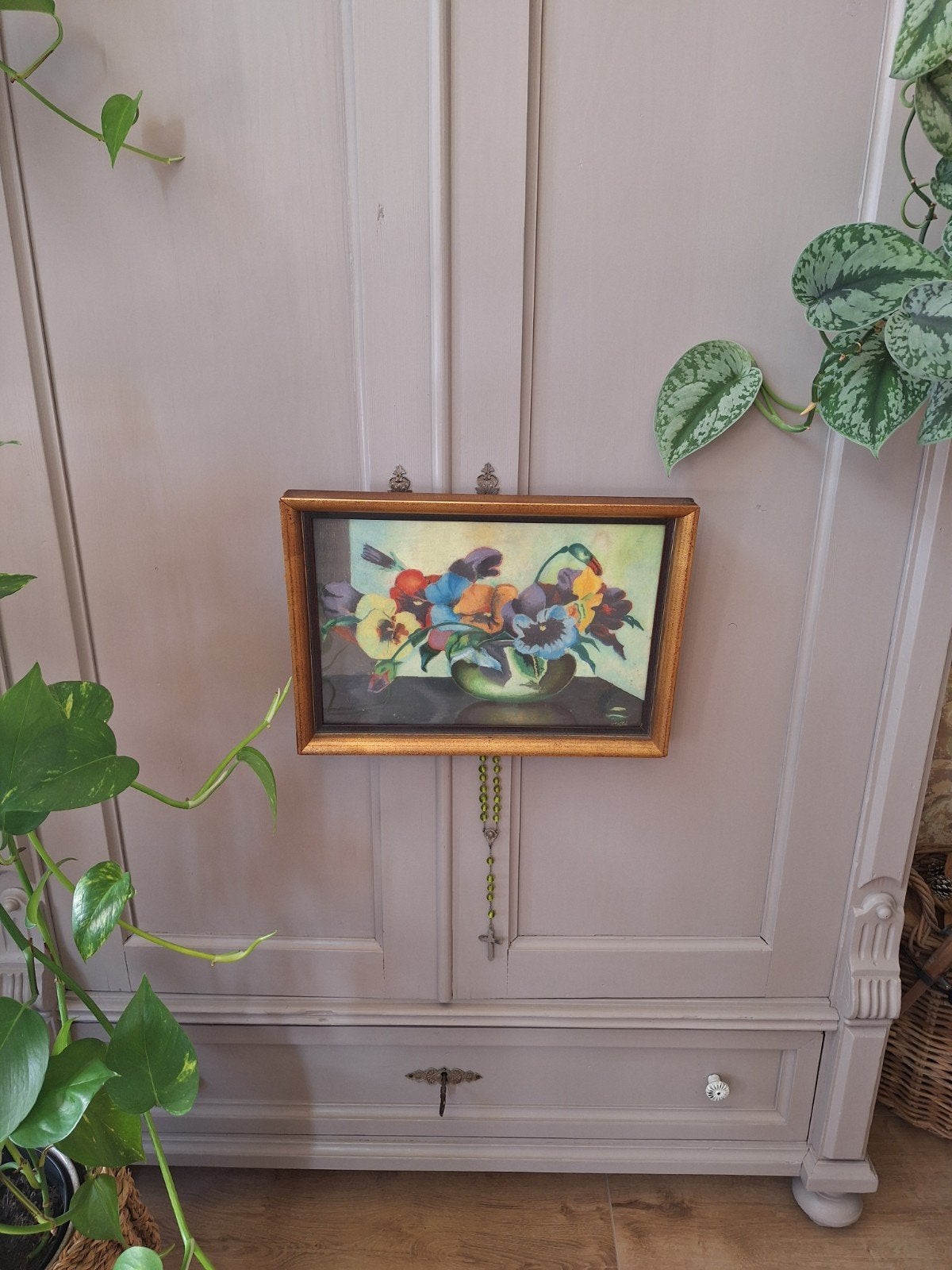 Oud Schilderij Viooltjes / Violen Gesigneerd ** Mimosa **, Antiek en Kunst, Ophalen of Verzenden, Achter glas, Bloemen