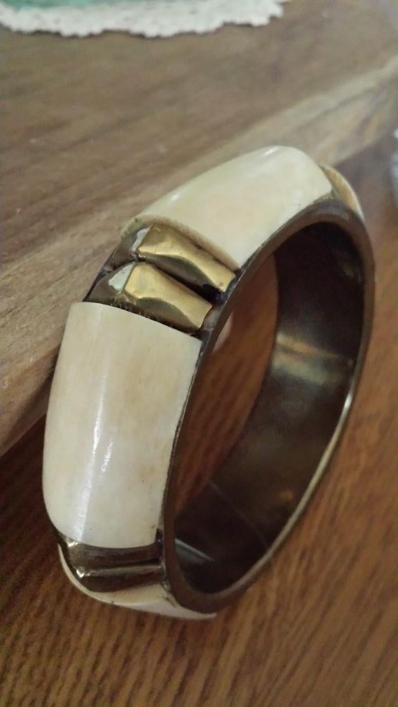 Vintage Messing ARMBAND met (Yak) BOT INLAY, Ophalen of Verzenden