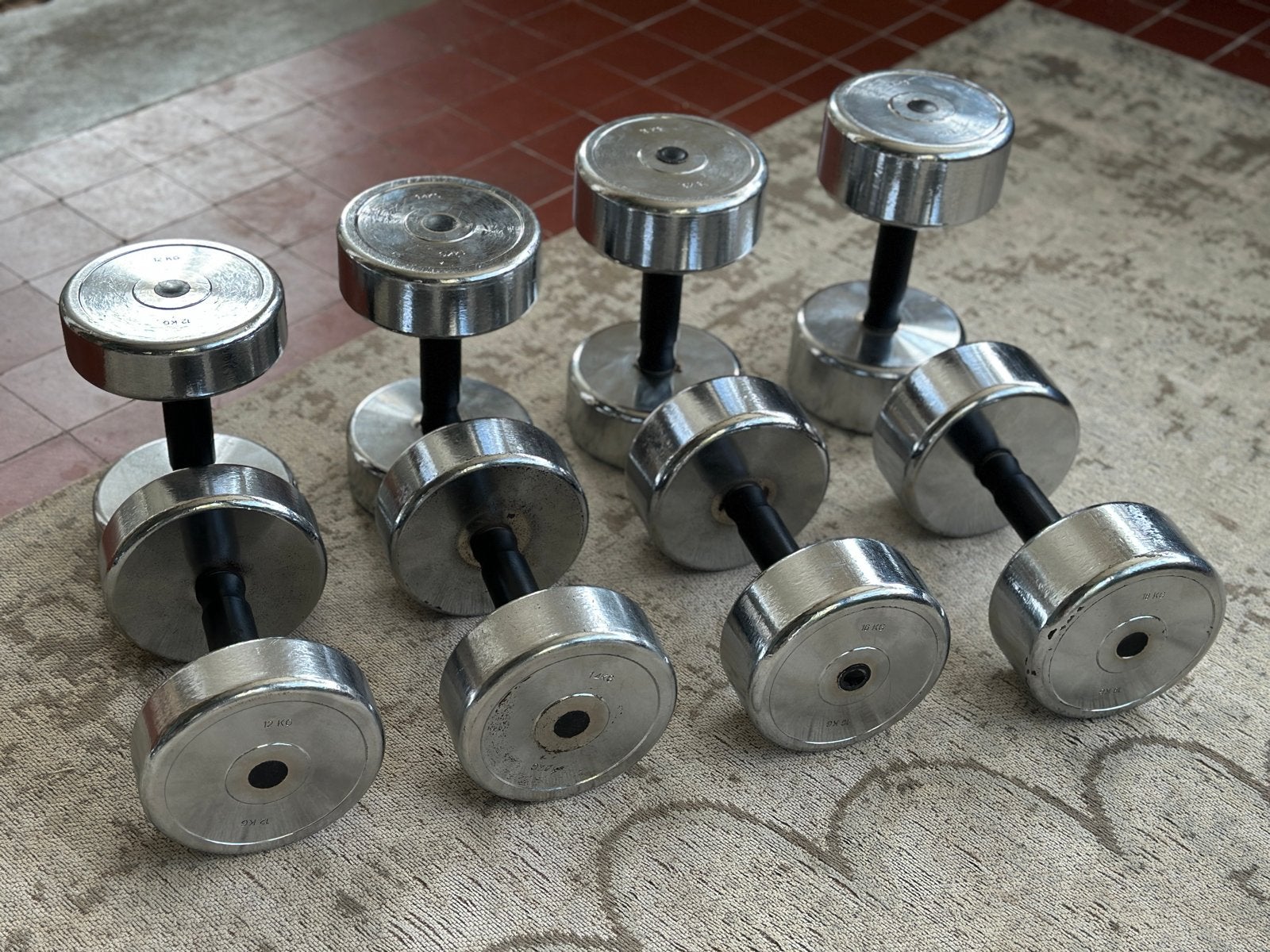 Dumbbell set 12kg, 14kg, 16kg, 18kg (8 stuks) verchroomd, Sport en Fitness, Fitnessmaterialen, Ophalen, Gebruikt, Armen, Dumbbell