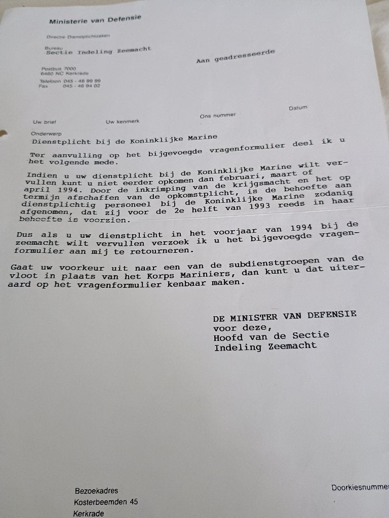 Militair inkrimping, Verzenden, Marine, 1945 tot heden, Onbekend