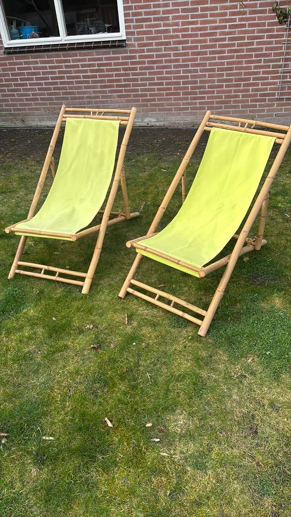 2 Ligstoelen bamboe, Tuin en Terras, Ligbedden, Ophalen, Gebruikt, Rotan, Verstelbaar
