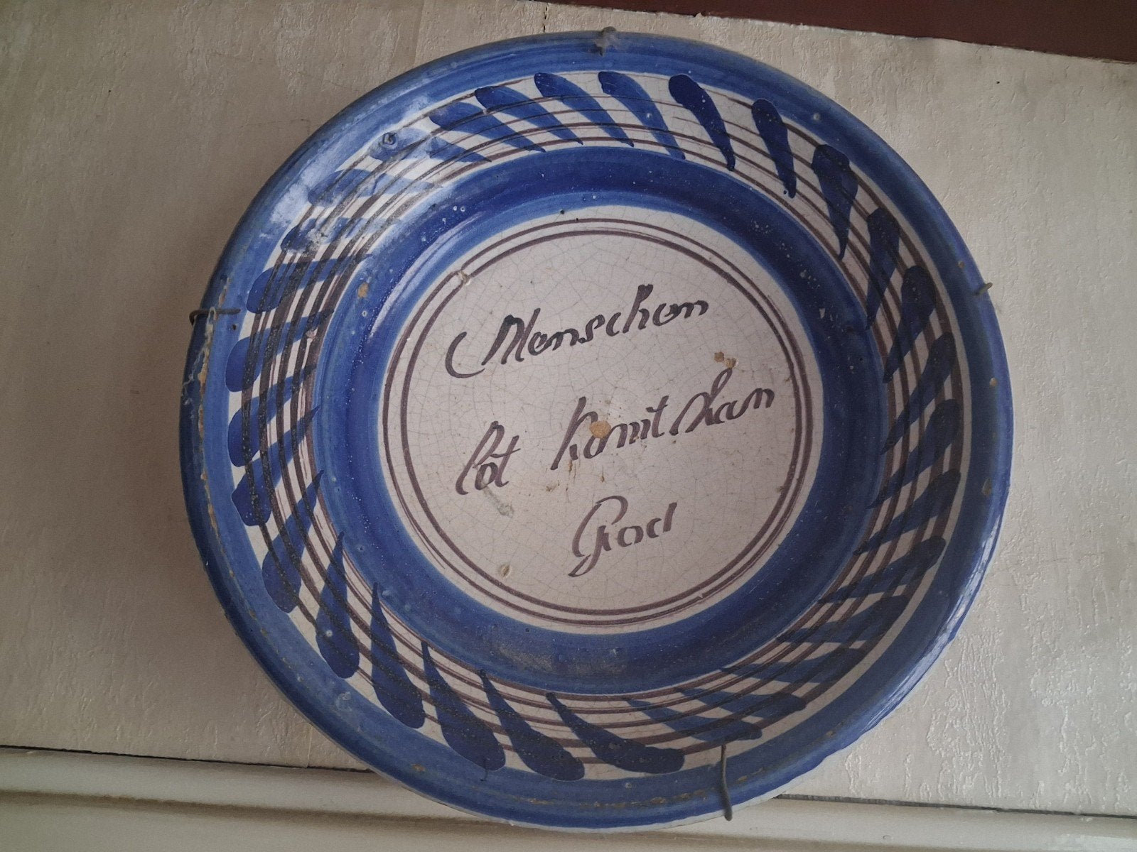 Antieke Delfts Blauw Schaal met Spreuk, Ophalen of Verzenden