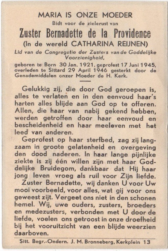 zr. Catharina Reijnen 1921 Born + 1945 Sittard, 24 jaar oud, Verzamelen, Bidprentjes en Rouwkaarten, Ophalen of Verzenden