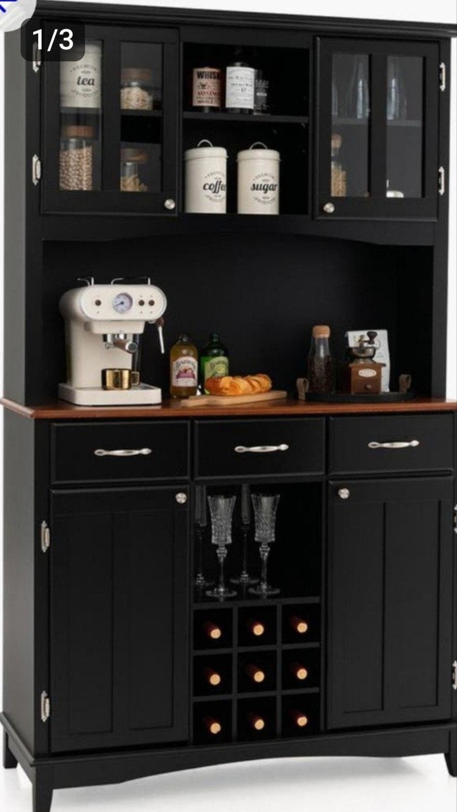 Zwarte buffetkast met wijnrek, Huis en Inrichting, Kasten | Buffetkasten, Ophalen, Glas, Zo goed als nieuw, Modern klassiek landelijk
