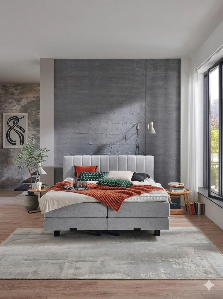 Luxe boxspring met hoofdbord en topper, 210 cm, Ophalen of Verzenden, 180 cm, Grijs