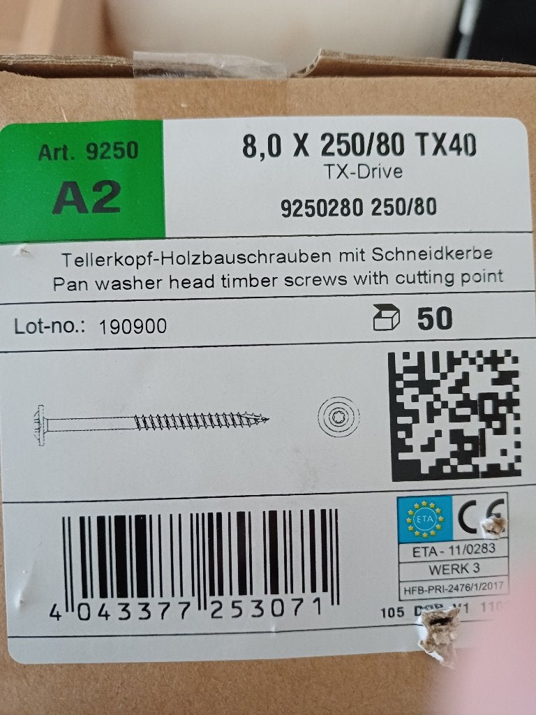 Tellerkopschroeven RVS A2 8.0 x 250 mm Torx 40 - 50 stks, 100 tot 250 mm, Schroeven, Nieuw, Ophalen of Verzenden