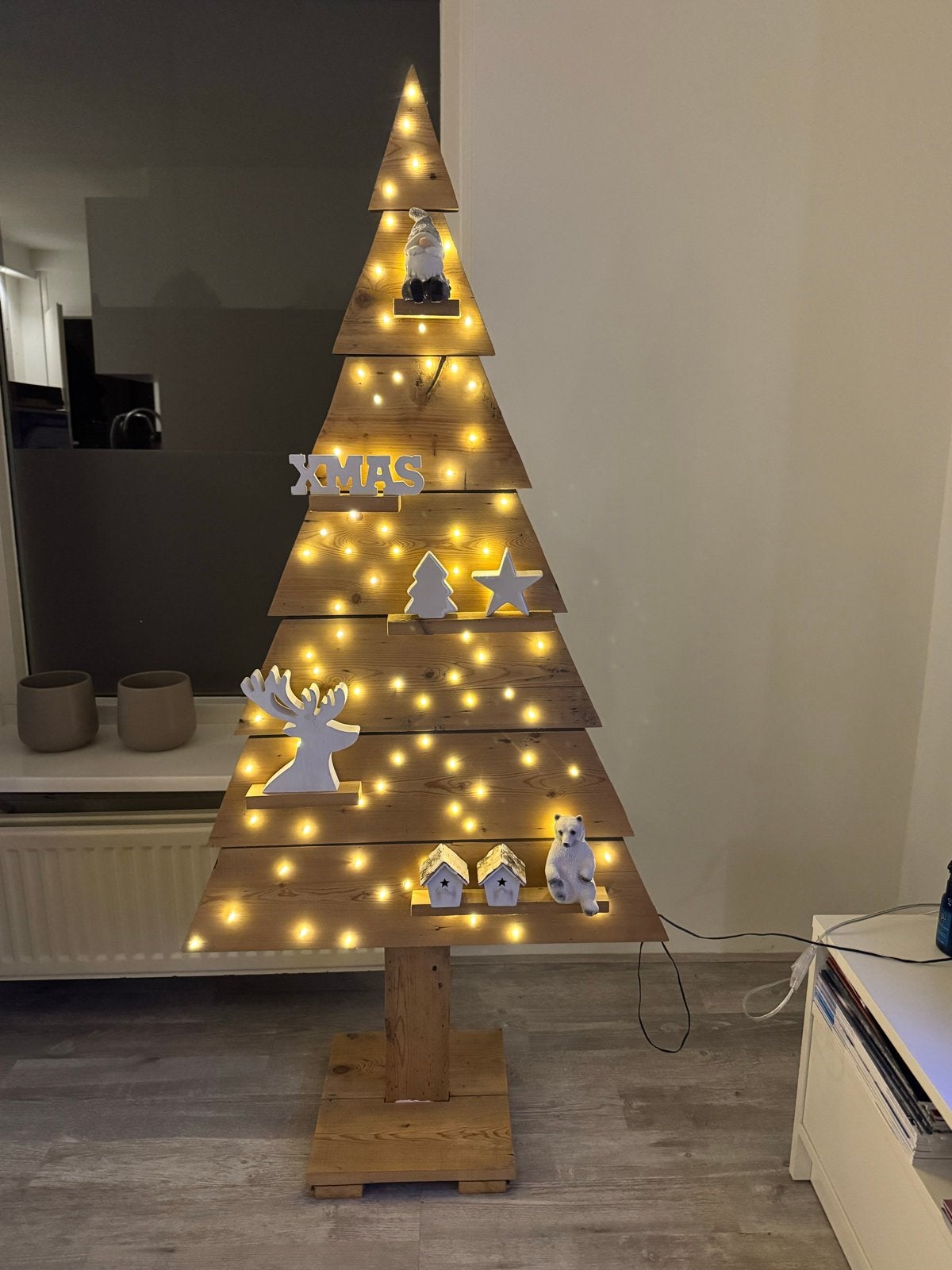 Houten kerstboom met accessoires, Ophalen, Zo goed als nieuw