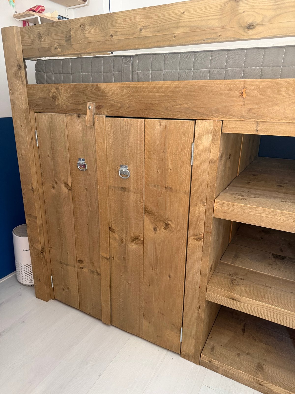 Steigerhouten hoogslaper met kast en planken, Huis en Inrichting, Ophalen, Gebruikt, 90 cm, Eenpersoons