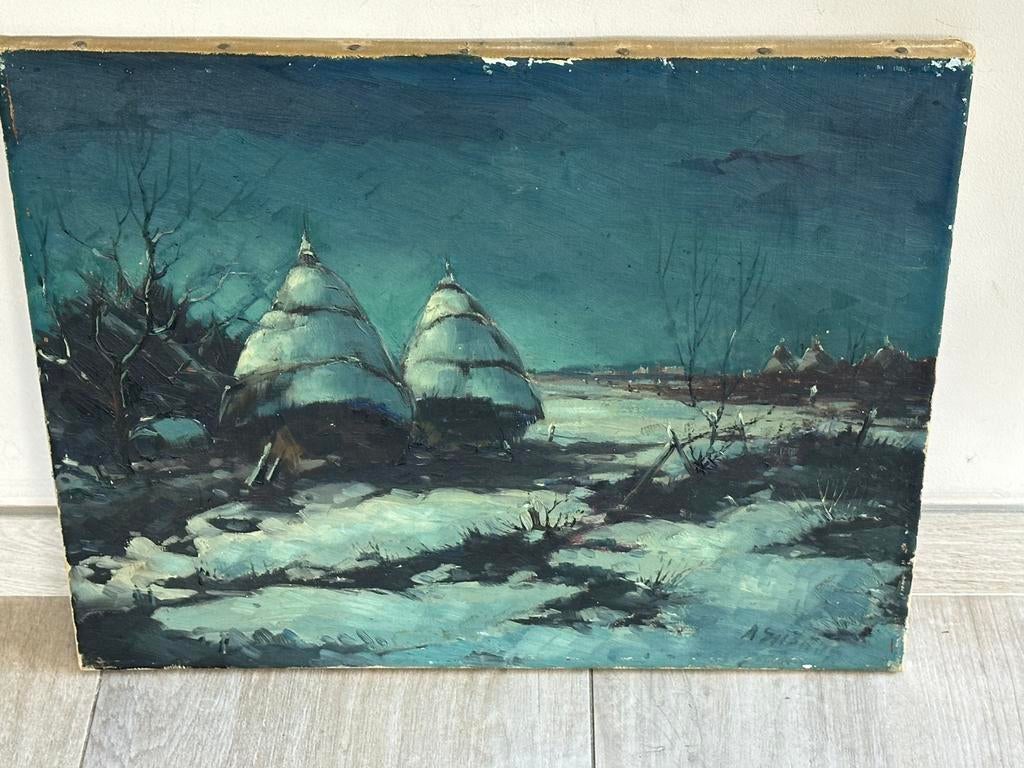 Oud schilderij Winterlandschap met hooibergen 50/40, Antiek en Kunst, Kunst | Schilderijen | Klassiek, Ophalen of Verzenden