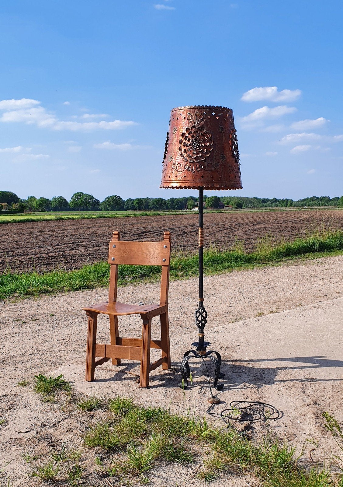vintage koperen staande lamp, Huis en Inrichting, Ophalen, Zo goed als nieuw, Landelijk antiek brocant brutalist, 150 tot 200 cm