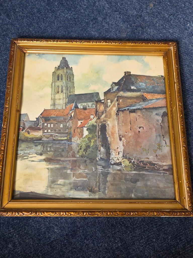Aquarel van Hugo Polderman - Stadsgezicht met toren, Ophalen of Verzenden