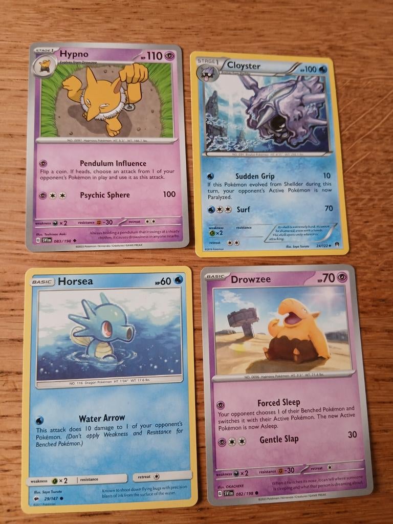Pokémon Kaarten: Hypno, Cloyster, Horsea, Drowzee (4 stuks), Ophalen of Verzenden, Gebruikt, Meerdere kaarten