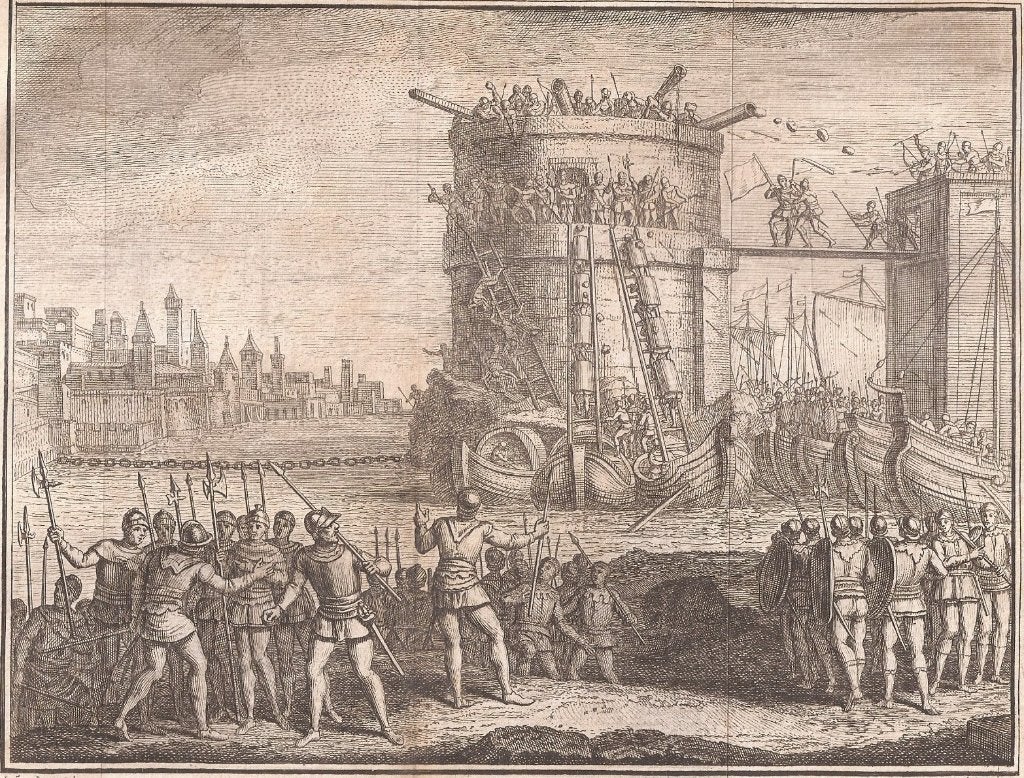 Belegering van Damiate 1219 Kopergravure Folkema, 19 cm, Ophalen of Verzenden, 15 cm, 1700 - 1799