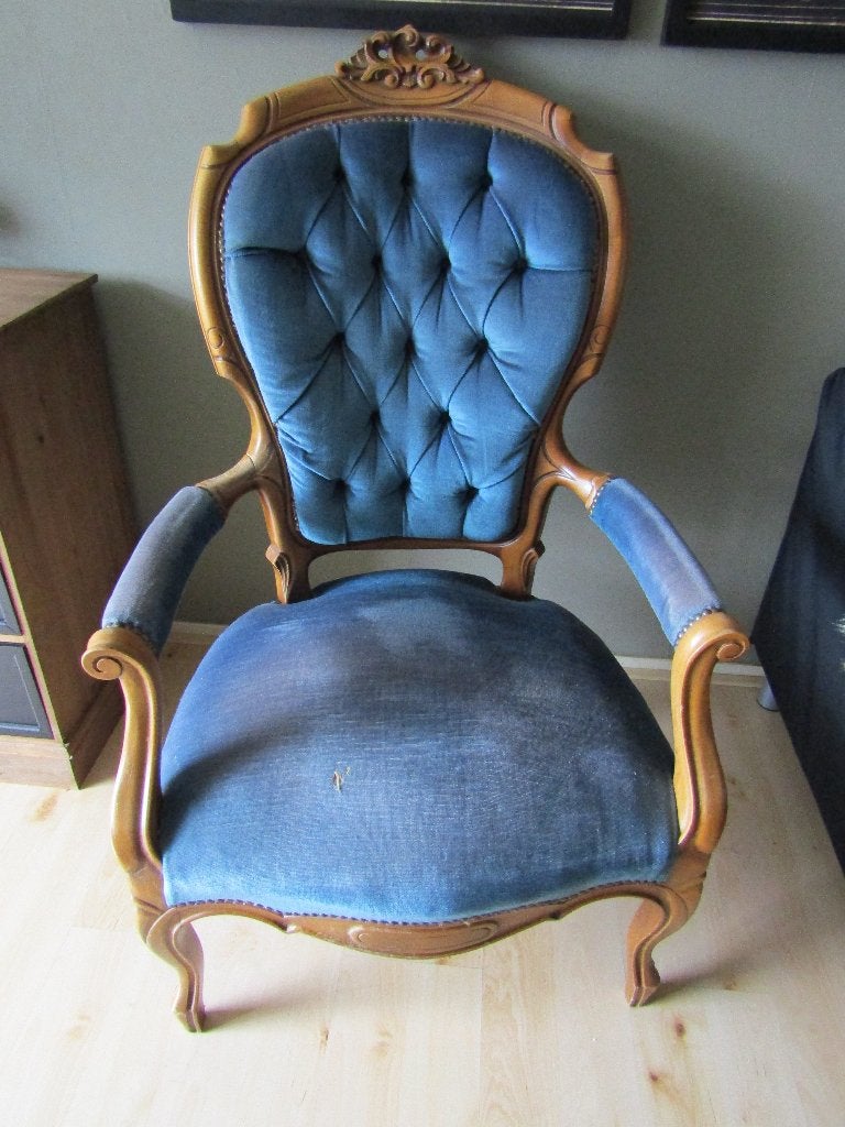 Antieke stoel – Louis XV / rococo stijl – blauw fluweel, Ophalen