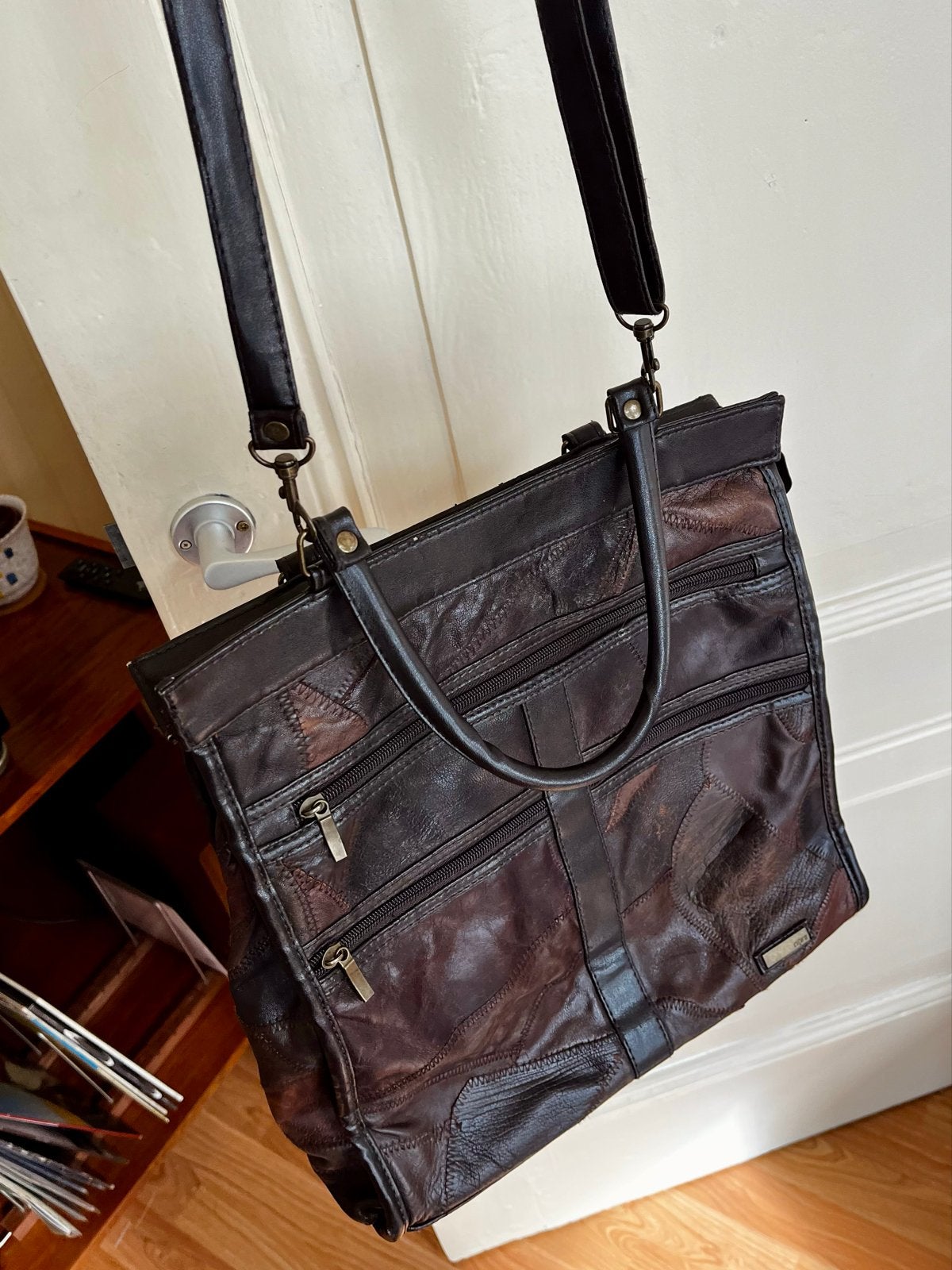 Vintage patchwork leren tas, Ophalen of Verzenden, Gebruikt, Bruin, Schoudertasje