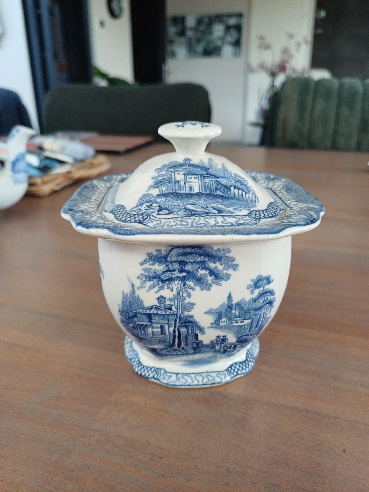 Antieke Adams Landscape suikerpot met schotel, Ophalen of Verzenden