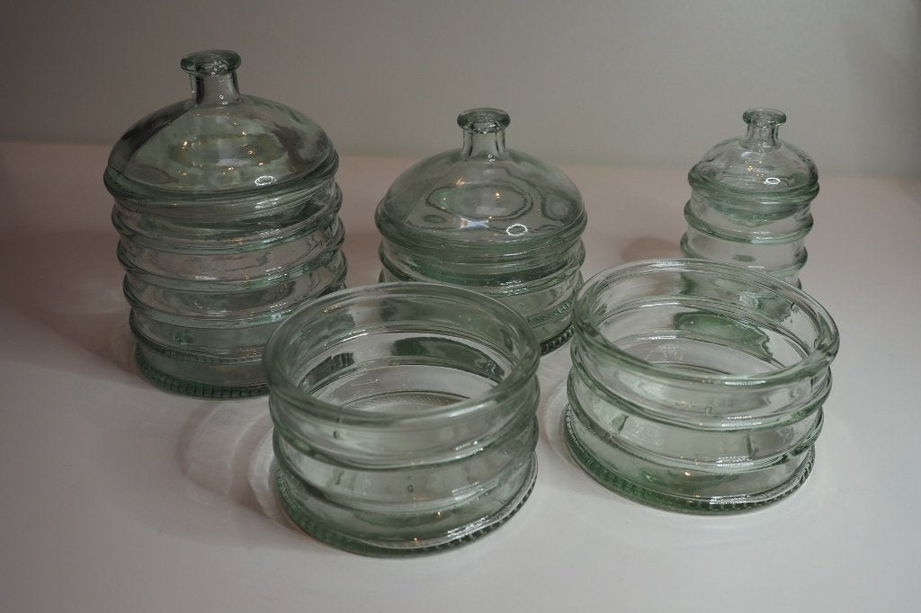 Gerecycled glas - Groene voorraad potten 5x, Ophalen of Verzenden, Zo goed als nieuw, Glas, Pot, Bus of Blik