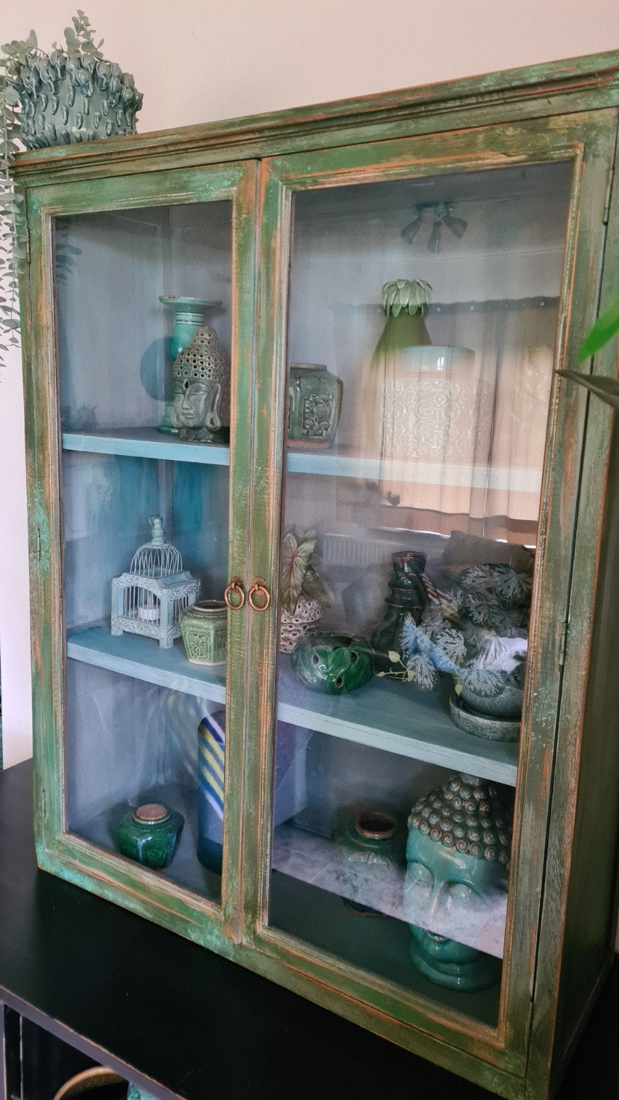XL vitrinekast opzetkast wandkast hangkast boho India groen, Ophalen, Met deur(en), 100 tot 150 cm, Bohemian