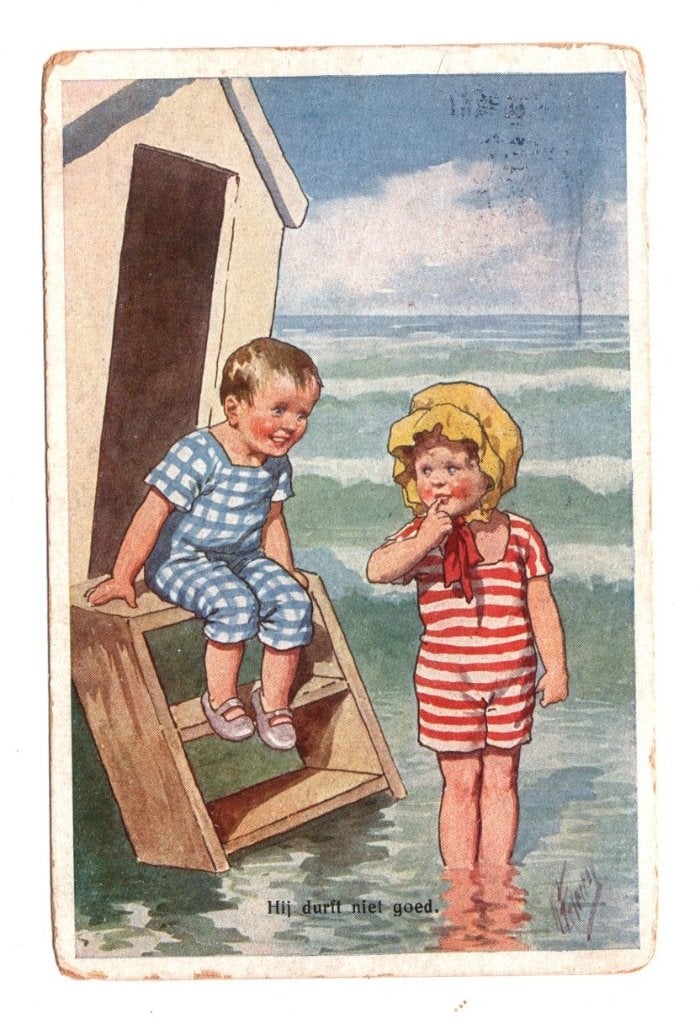 Antieke Ansichtkaart Hij Durft Niet Goed 1928, Ophalen of Verzenden, 1920 tot 1940, Gelopen, Kinderen
