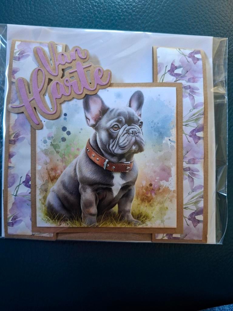 Handgemaakte kaart met Franse Bulldog 'Van Harte', Handgemaakt, Dieren, Nieuw, Meerkleurig