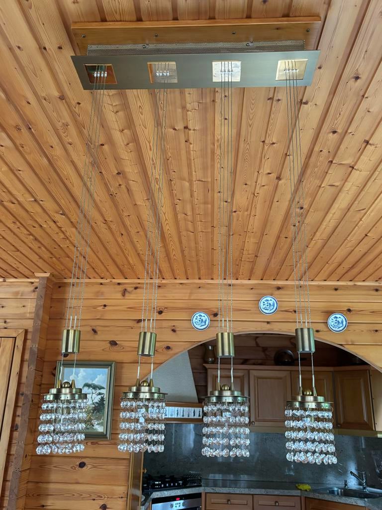 Luxe hanglamp met kristallen, 4-lichts, Ophalen, Zo goed als nieuw, Glas, 75 cm of meer