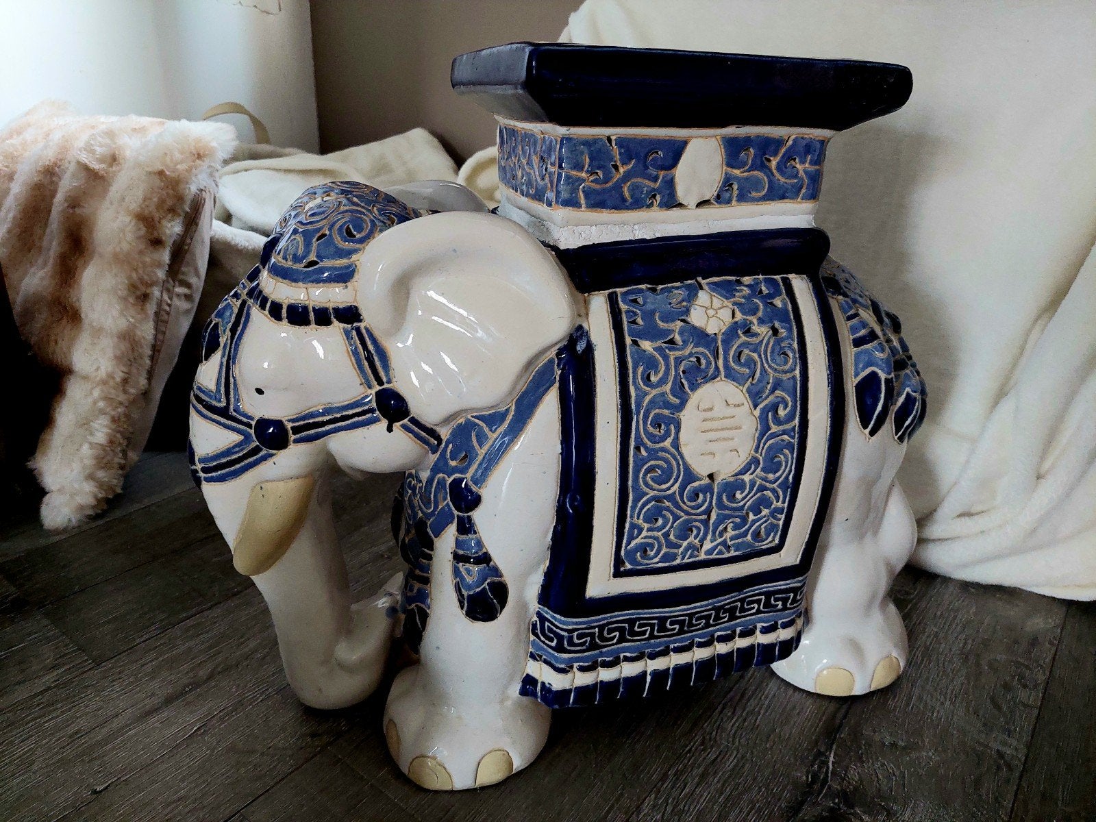 Vintage Keramiek Olifant Jaren '70 - Blauw/Wit XL, Ophalen of Verzenden