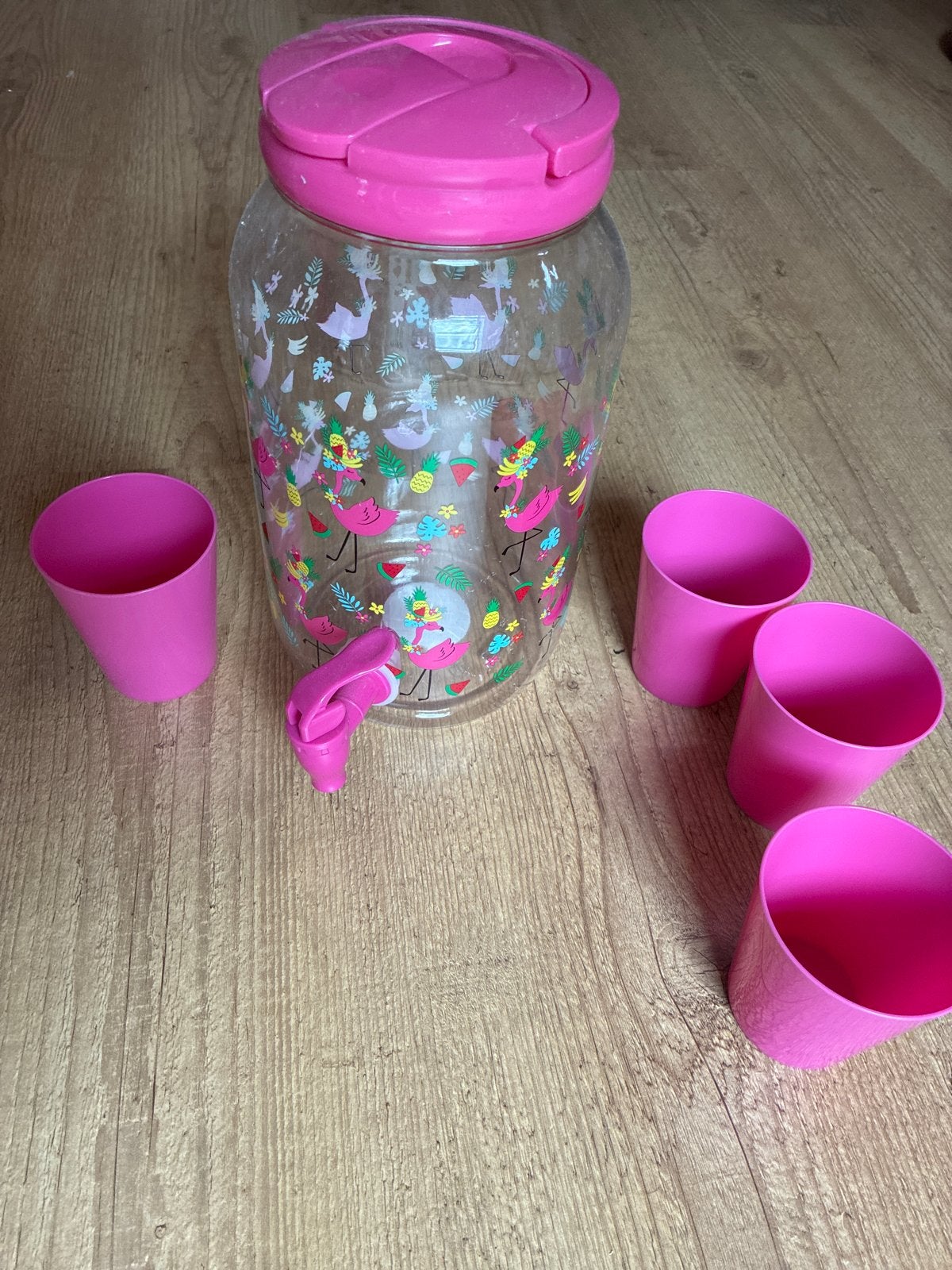 Drankdispenser met flamingo print en 4 bekers, Overige typen, Kunststof, Ophalen of Verzenden, Zo goed als nieuw