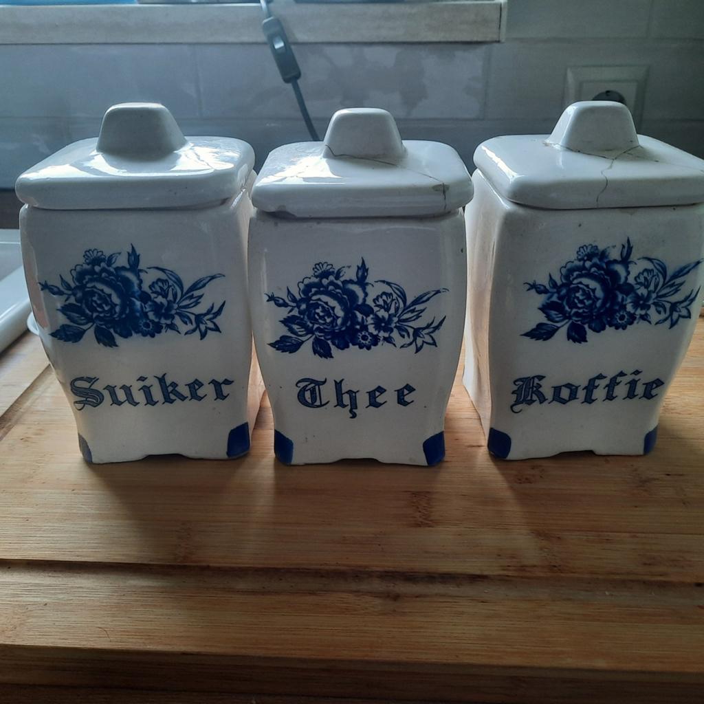 Antieke Delfts Blauw Porseleinen Voorraadpotten Set, Ophalen of Verzenden