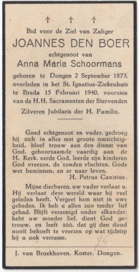 Johannes den Boer 1873 Dongen + 1940 Breda, 66 jaar oud, Ophalen of Verzenden