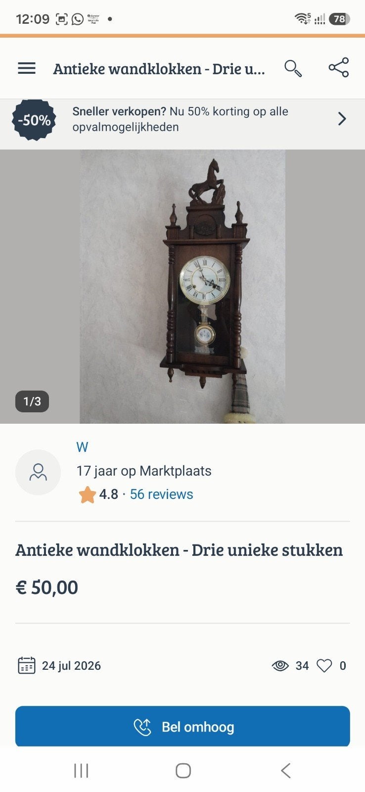 Antieke wandklok met paard - Uniek stuk, Ophalen