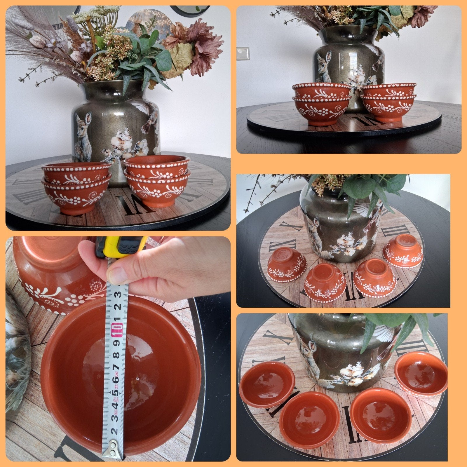 Set van 4 terracotta schaaltjes met wit stippen polkadot dec, Overige merken, Vintage, Ophalen of Verzenden, Aardewerk