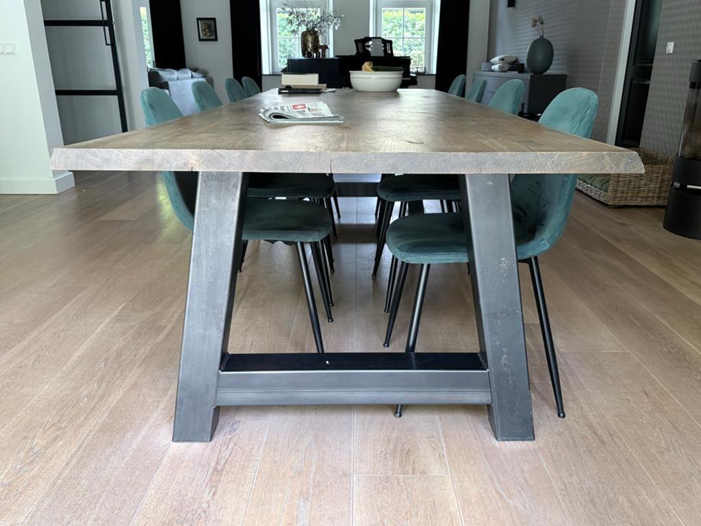 Eettafel 300x100 cm met stalen onderstel en 8 stoelen, Ophalen, Gebruikt, 100 tot 150 cm, 200 cm of meer