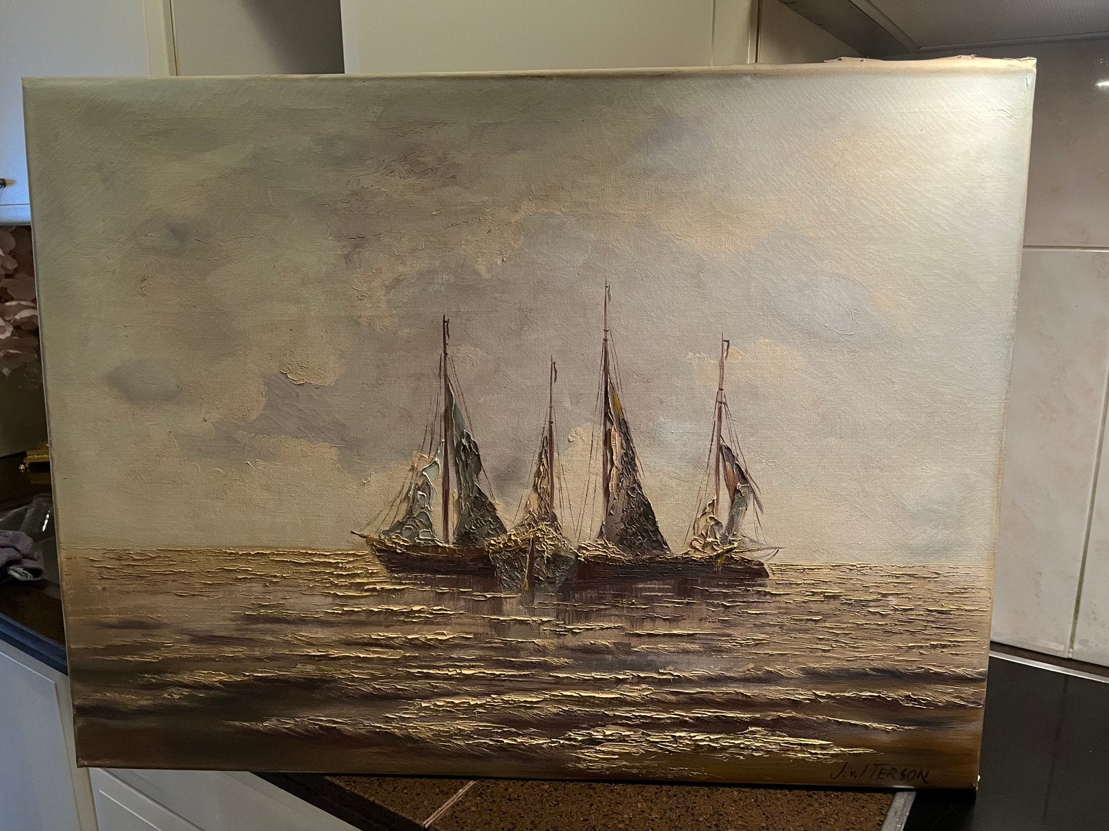 Groot olieverf zee met boten schilderij, Ophalen