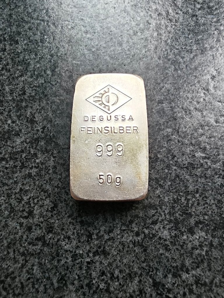 Degussa 50 gram zilverbaar 999, Zeldzaam!, Ophalen of Verzenden, Zilver