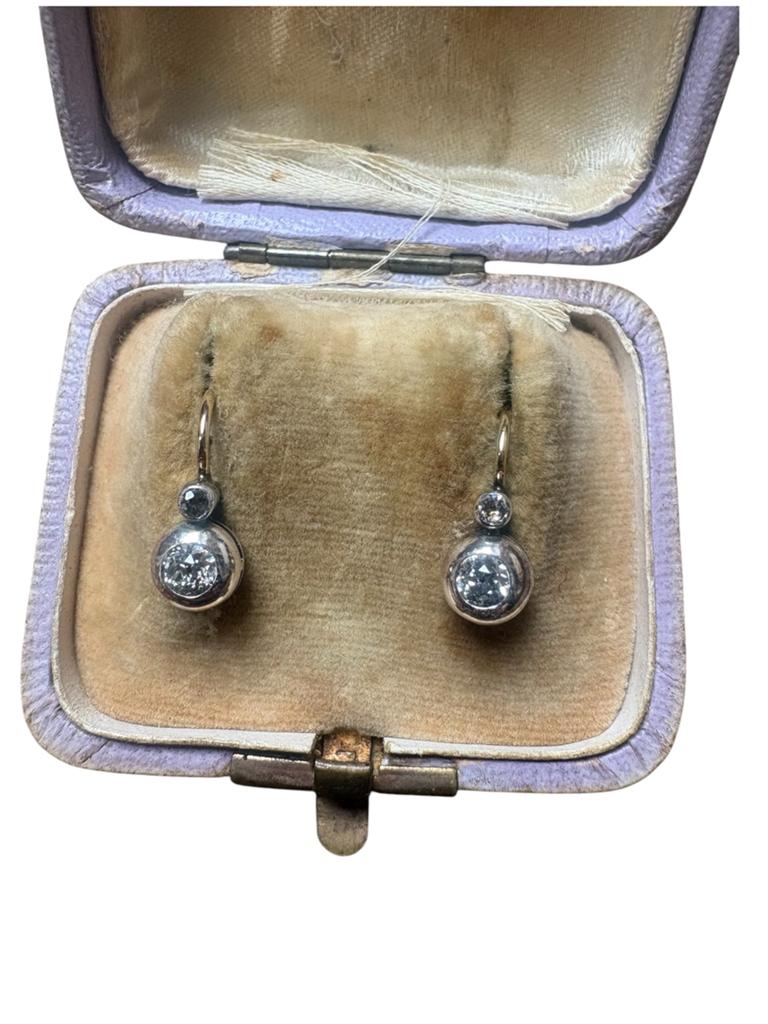 Antieke 14k Gouden Oorbellen met Diamanten in Origineel Doos, Ophalen, Met edelsteen, Goud, Hangers