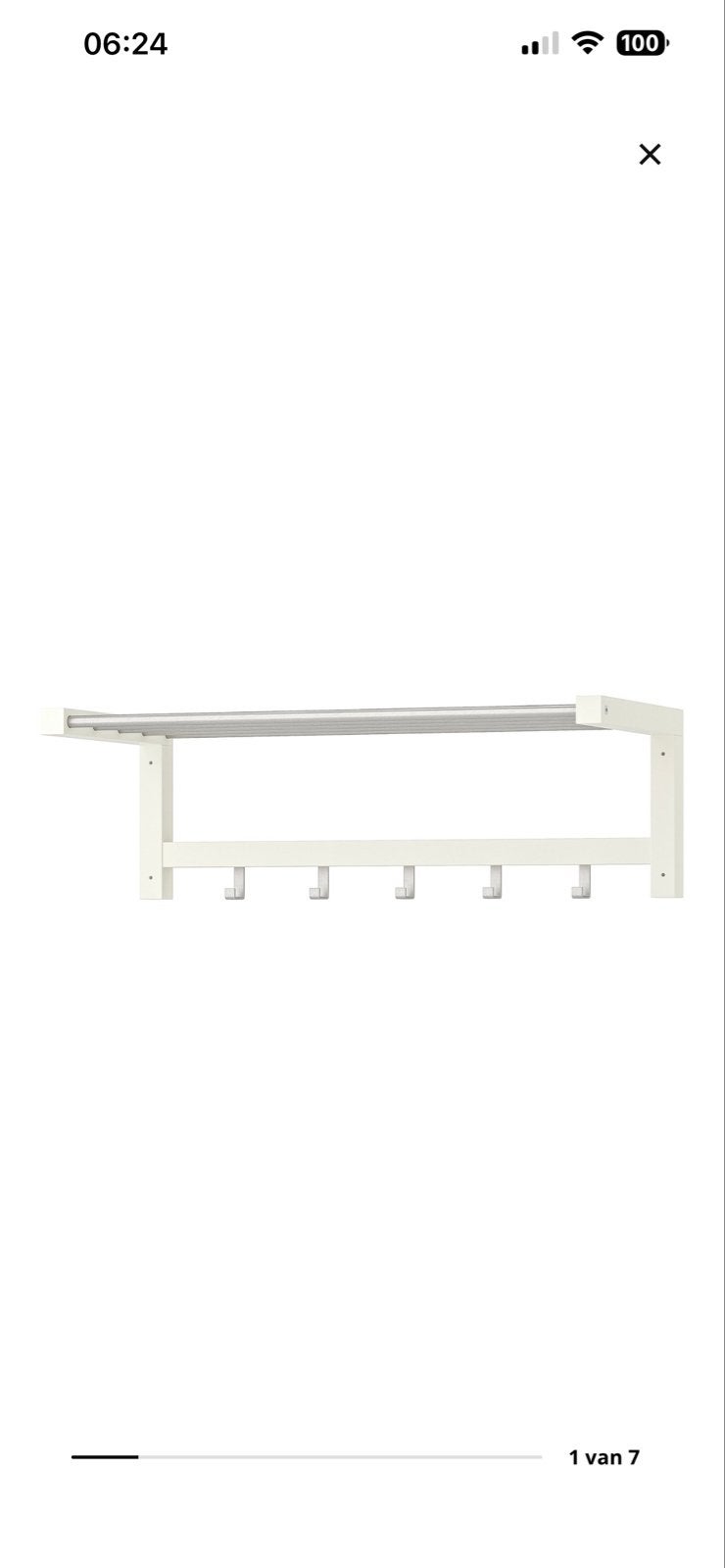 IKEA TJUSIG - Witte wandkapstok met plank en 6 haken, Huis en Inrichting, Woonaccessoires | Kapstokken, Gebruikt, Minder dan 100 cm