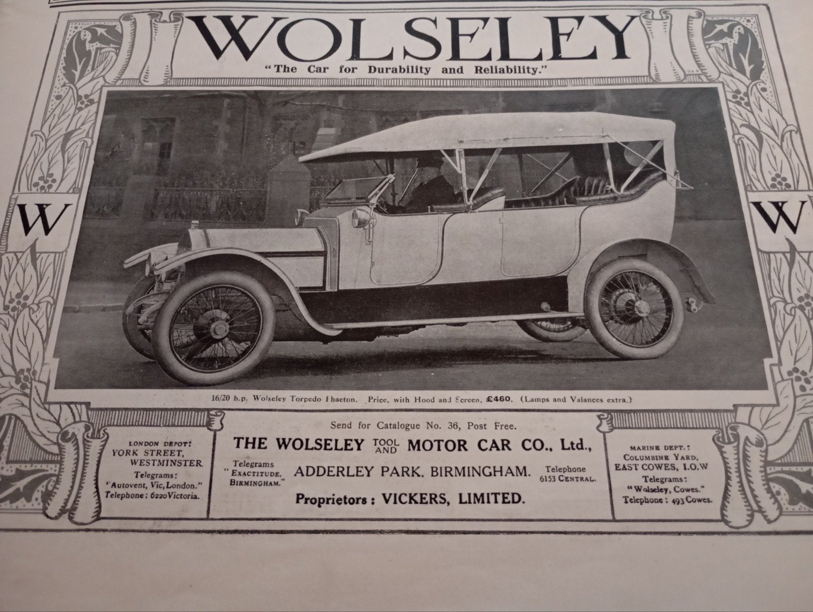 Vintage Wolseley Advertentie 1913, Ophalen of Verzenden, Auto's
