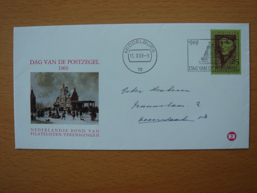 1e Dag-enveloppe Dag van de Postzegel 1969 Middelburg –, Ophalen of Verzenden, Beschreven, Nederland