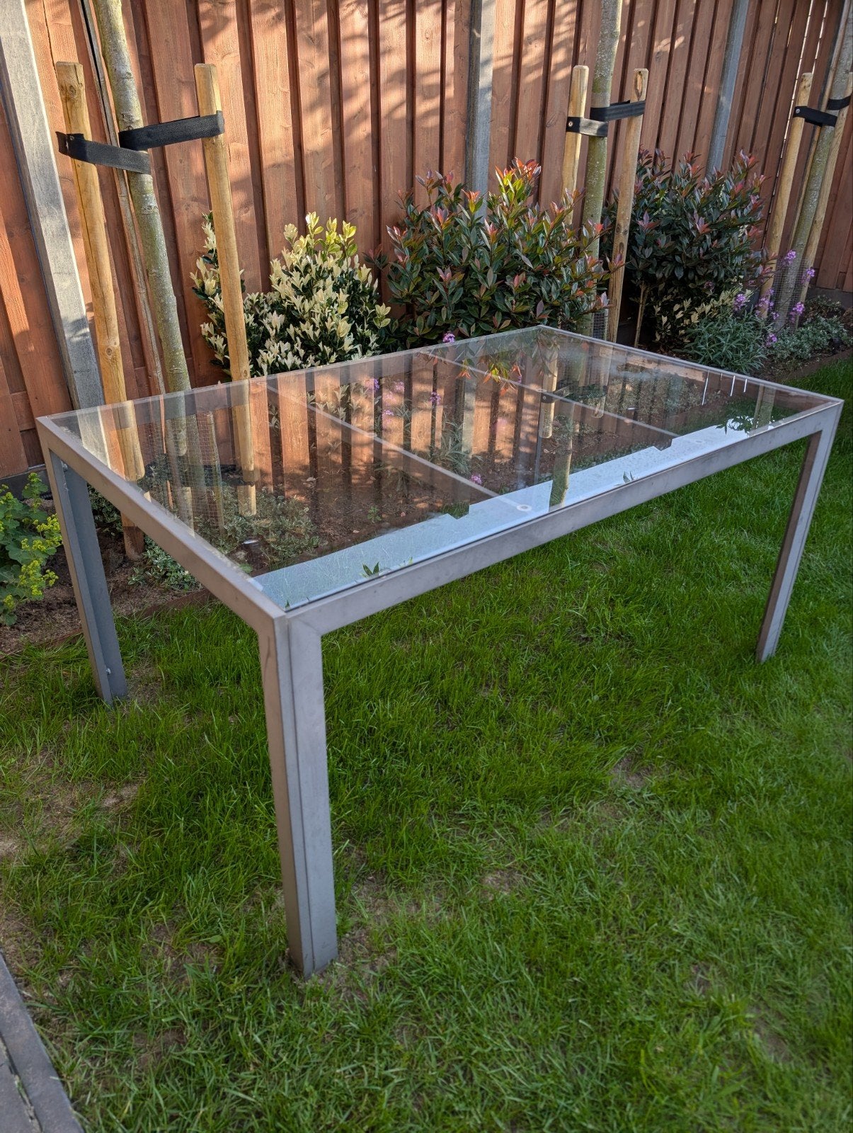 Glazen tuintafel met metalen frame (150x95x74cm), Ophalen, Gebruikt, Rechthoekig, Aluminium