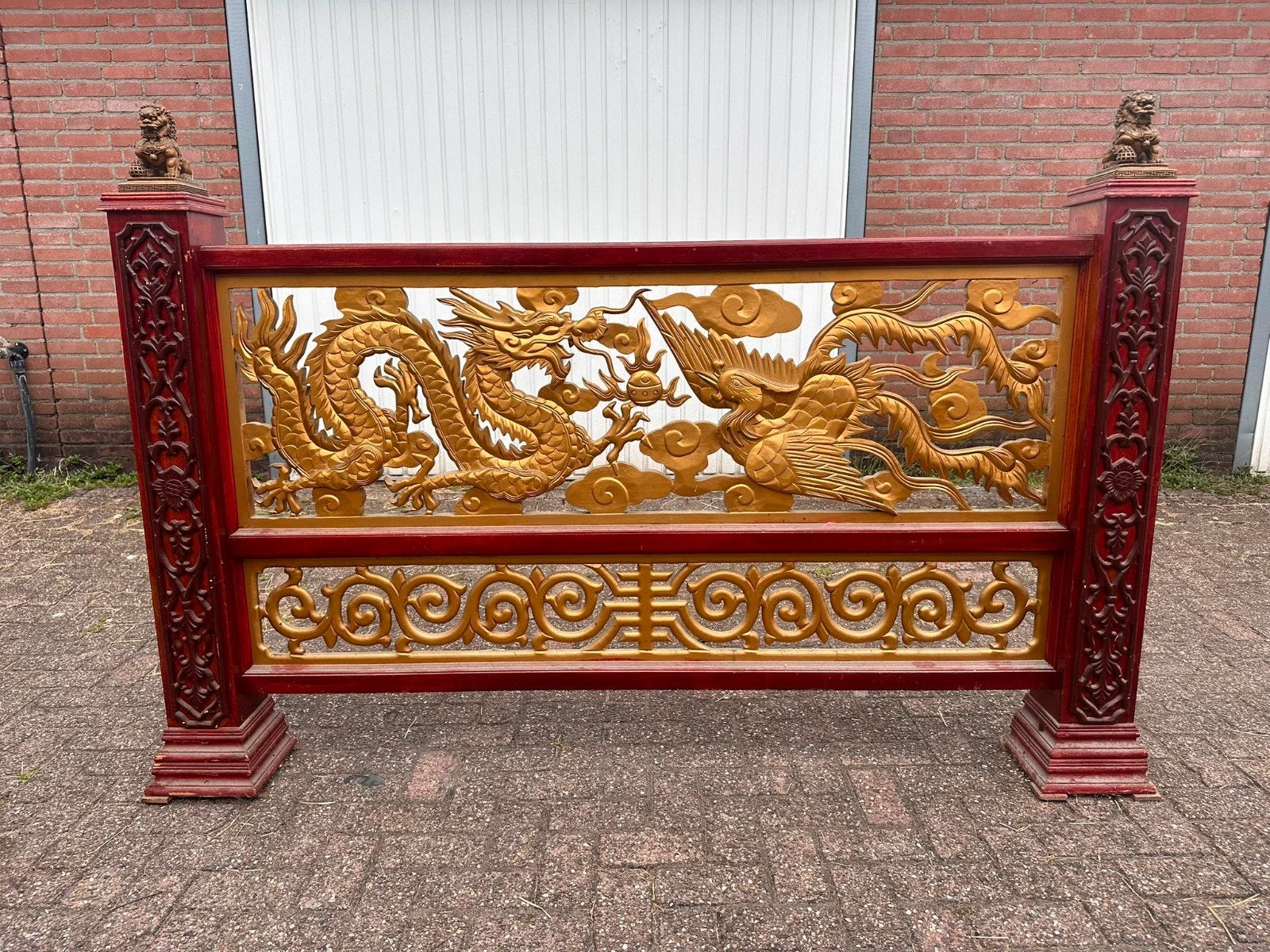 Chinees houten scherm met draak en feniks, Antiek en Kunst, Hout, Wanddecoratie, Versierd, Ophalen of Verzenden