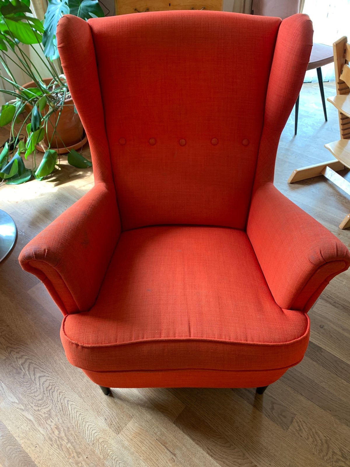 Rode / oranje Ikea Strandmon stoel, Huis en Inrichting, Fauteuils, Ophalen, Gebruikt, 75 tot 100 cm, Stof