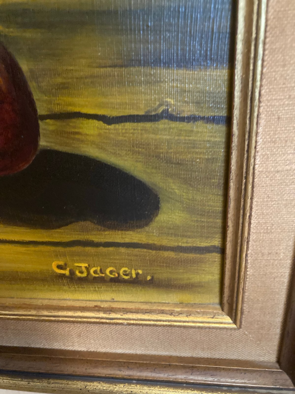 Sfeervol olieverfschilderij: olielamp, boek en appel, Ophalen, Doek, Stilleven, Gesigneerd