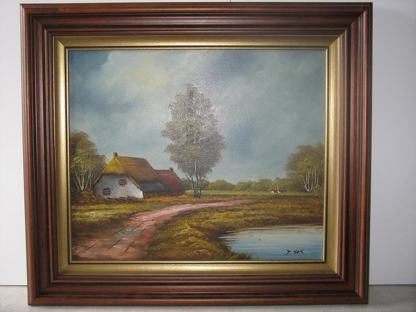 Schilderij J.Kok olieverf op doek, landschap met boerderij, Ophalen, Doek, Landschap, Klassiek