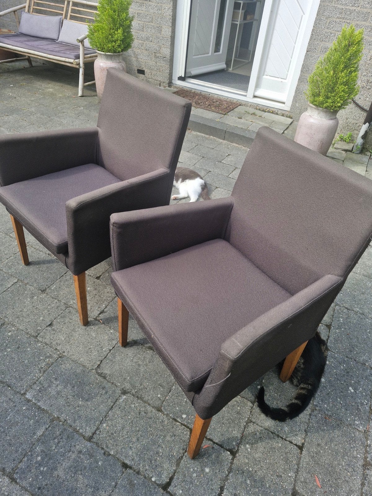 Zes grijze eetkamerstoelen met armleuningen, Ophalen, Gebruikt, Stof, Vijf, Zes of meer stoelen