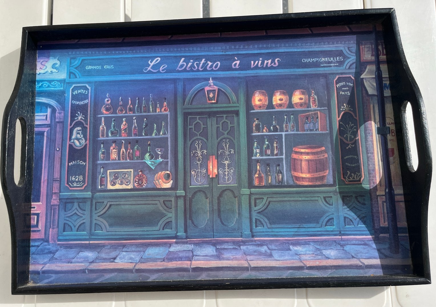 Houten dienblad met bistro-afbeelding, Ophalen, Gebruikt, Dienblad, Met afbeelding/tekst