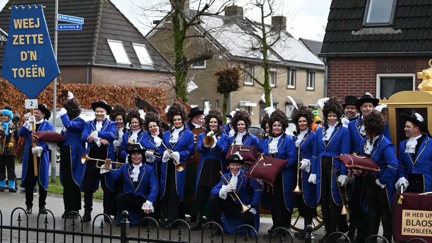 Carnaval, groep musketier/lakei; compleet voor 22 personen, Ophalen of Verzenden, Zo goed als nieuw, Maat 42/44 (L), Carnaval