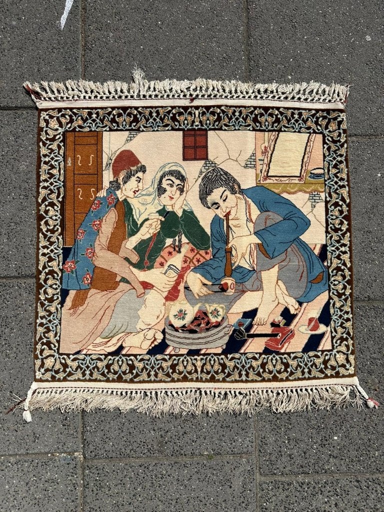 Antiek Perzisch tapijt schilderij –Pictorial Rug – 74x65 cm, Gebruikt, 50 tot 100 cm, Overige kleuren, Wol