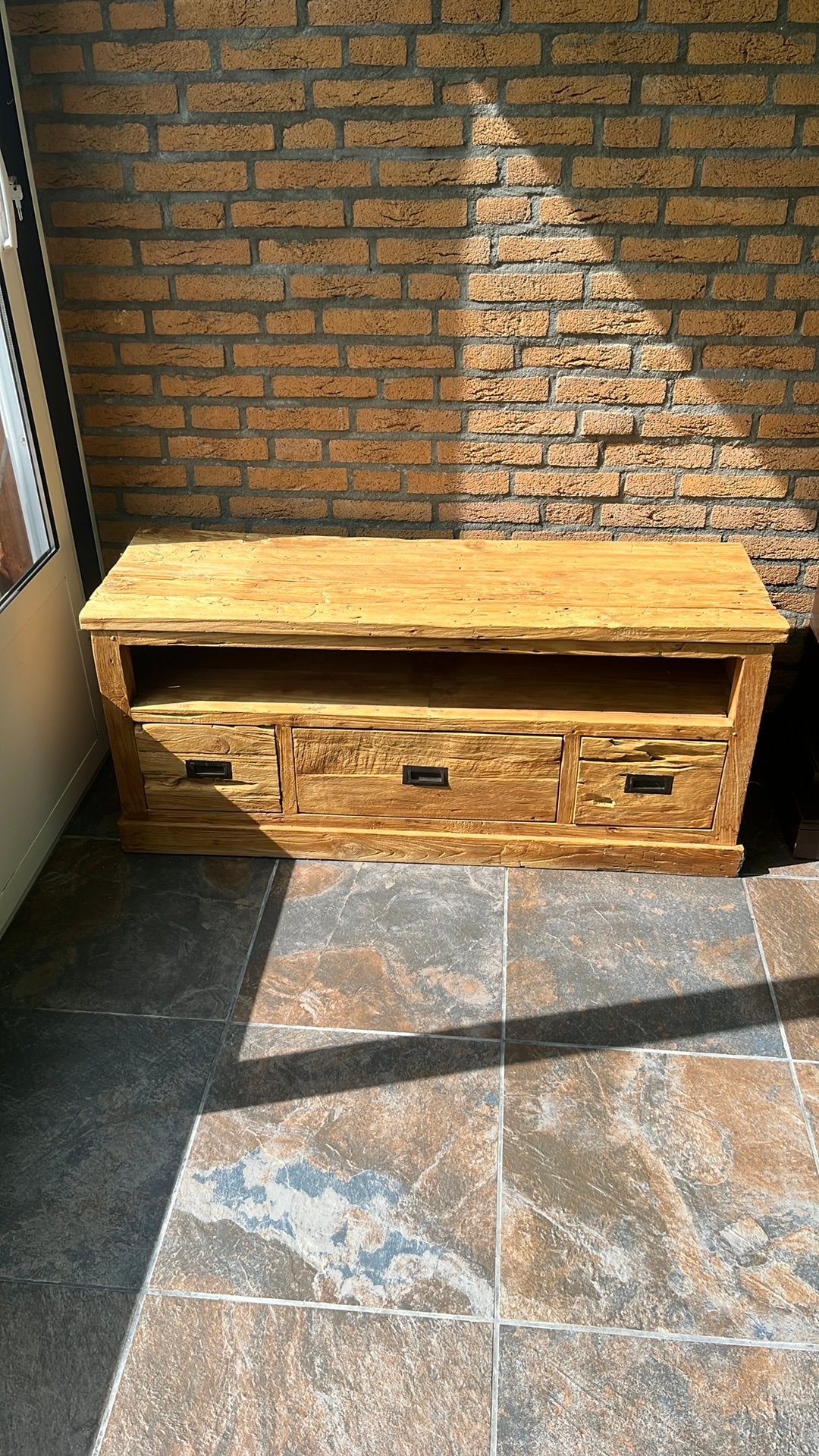 Teakhout tv kast, Ophalen, 100 tot 150 cm, Teakhout, Zo goed als nieuw