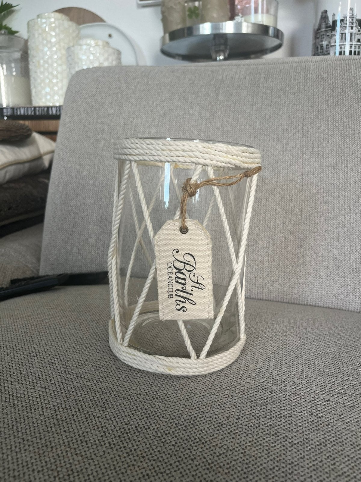Te koop: Rivièra Maison windlicht/vaas St. Barths, Beige, Ophalen of Verzenden, Glas, Kandelaar