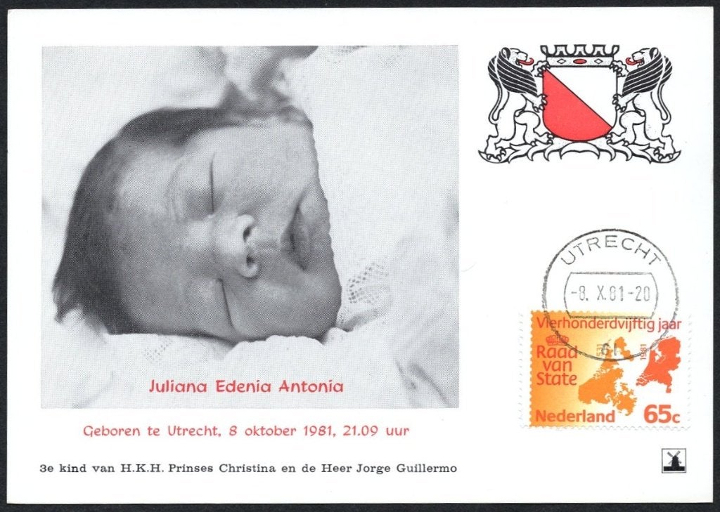 Geboorte Juliana Edenia Antonia, dochter Prinses Christina, Verzamelen, Verzenden, 1980 tot heden, Ongelopen, Politiek en Historie